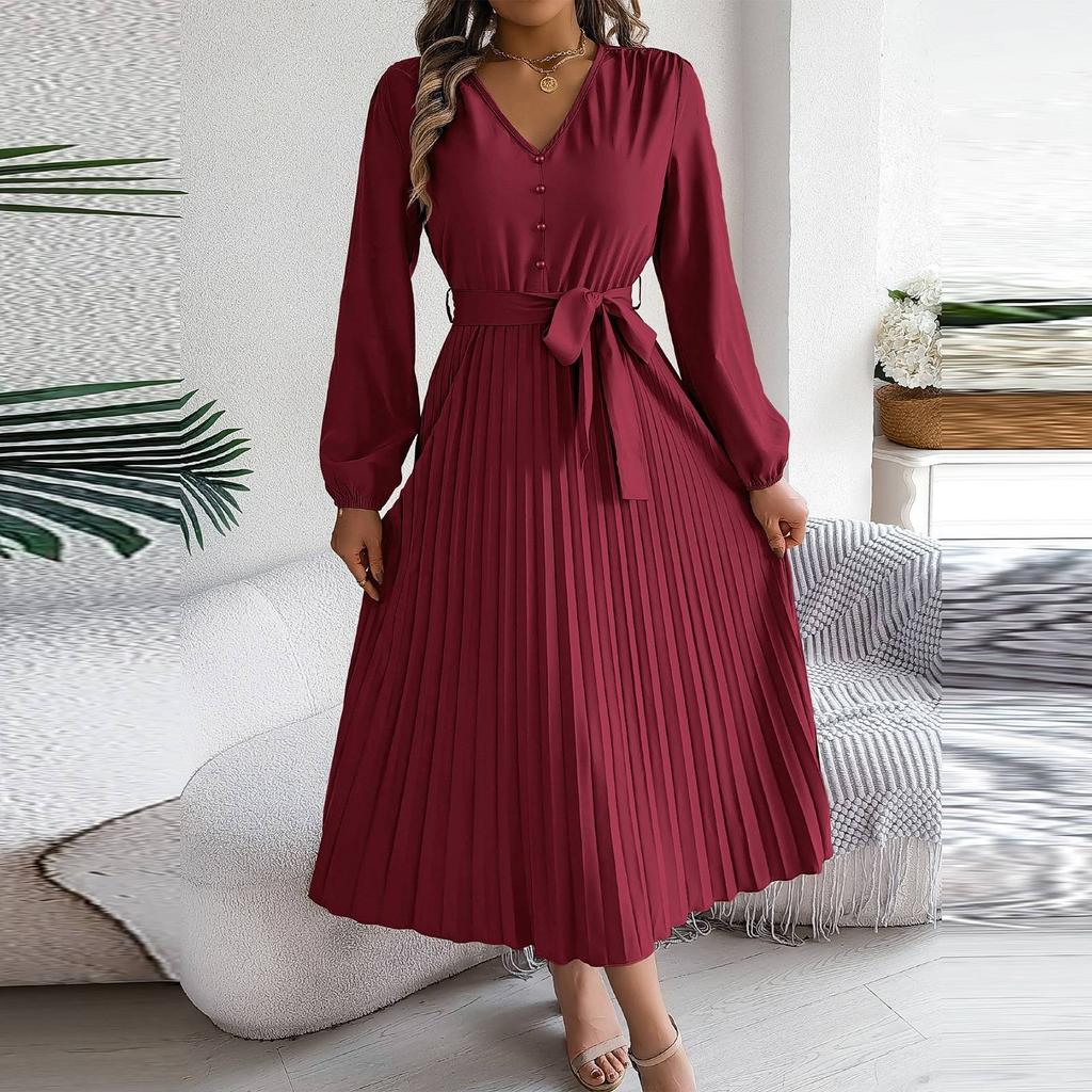 Женское модное ретро-платье в складку с V-образным вырезом, застежкой на пуговицы и длинными рукавами