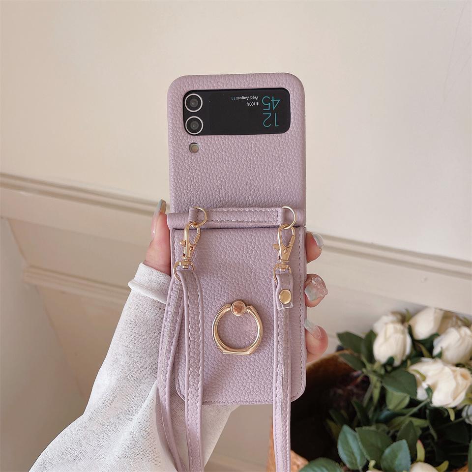 Кожаный чехол для телефона с ремешком через плечо для Samsung Galaxy Z Flip 5 4 3 Flip5 Flip4 Flip3 5G/iphone 15 14 13 12 11 Pro Ring Beauty Mirror