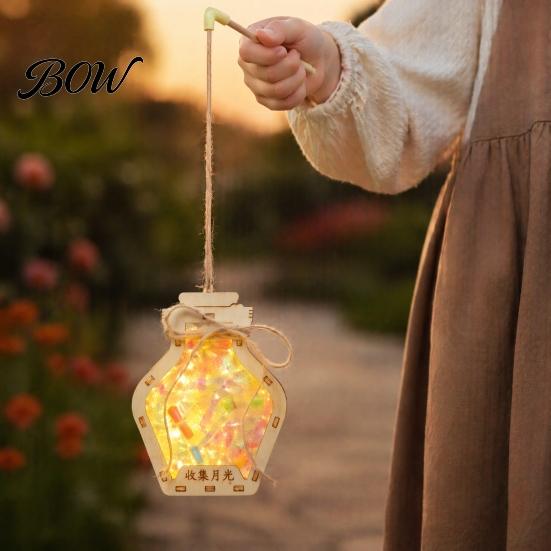 Handheld Festival Lantern DIY Wooden Wishing Bottle Kit, Handmade Material Set, LED Glowing Making Toy for Kids Adults Portable Night Walking Light