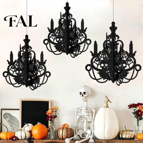 Secret Room Hanging Decor 3D Candlestick Chandelier Ceiling Ornament, Gothic Halloween Glitter Detailed Hollow Carved Ornaments Decoration for Holiday