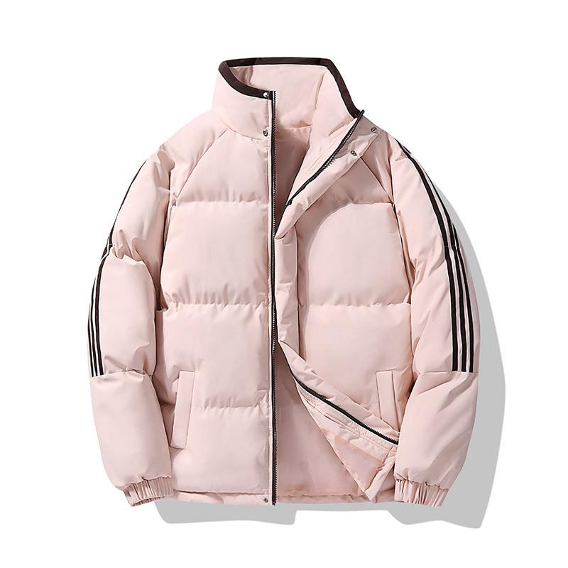 2024 зима новый однотонный ленивый воротник-стойка хлопковая одежда утолщенная теплая куртка три полоски студенческая хлопковая подкладка одежда