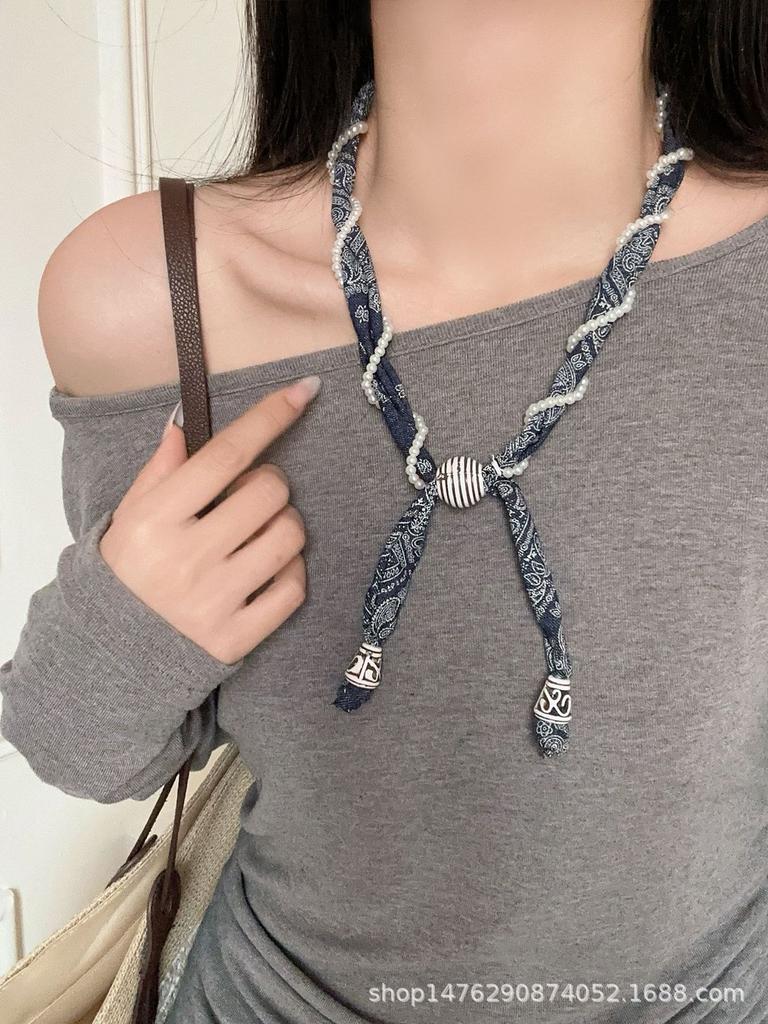 Cashew flower wrapped pearl silk scarf neck necklace female art student unique beautiful neck accessories long sweater chain