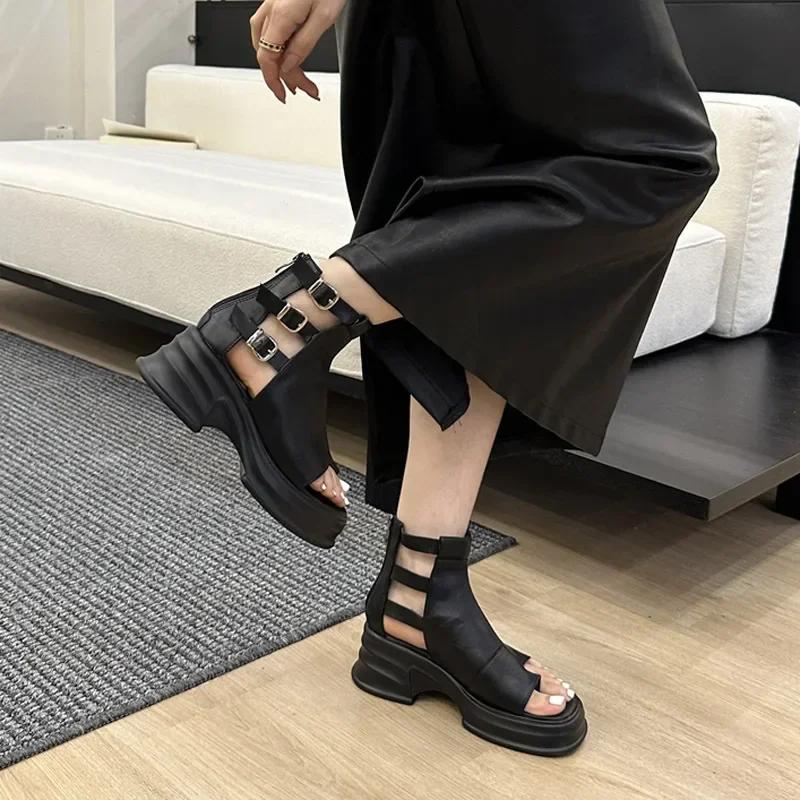 Сандалии на платформе с высоким берцем, женские, ретро, с открытым носком, с пряжкой на ремне, с полой подошвой, толстой подошвой, с молнией сзади, в римском стиле
