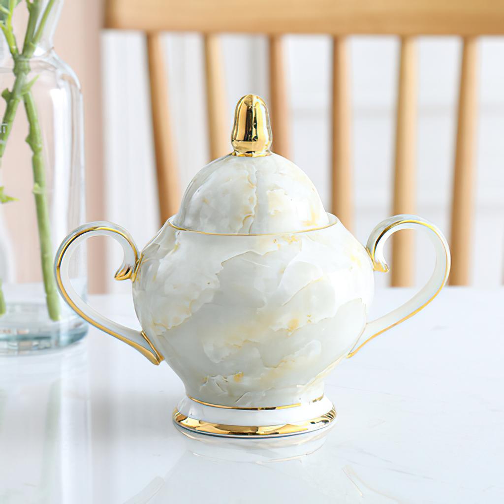 Ceramic Gold Inlay Tea Pot and Cup Set Marbling Purple Drinkware Europe Ceramic Mug Sugar Bowl Creamer Afternoon Tea Coffeeware