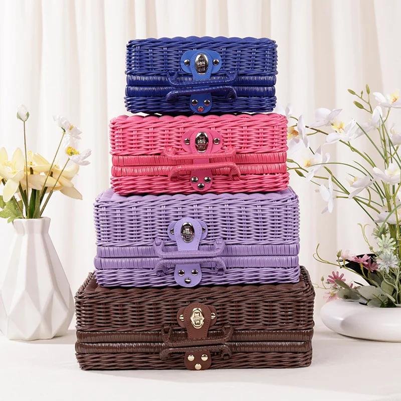 Manual Woven Cosmetic Storage Box Retro Rattan Suitcase with Hand Gift Box Wicker Rattan Picnic Laundry Baskets Home Storage