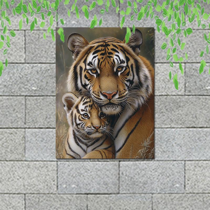 Charming Tiger Family Canvas Art Print,Frameless Modern Oil Painting Style Wall Decor for Living Room, Bedroom, Dining Area