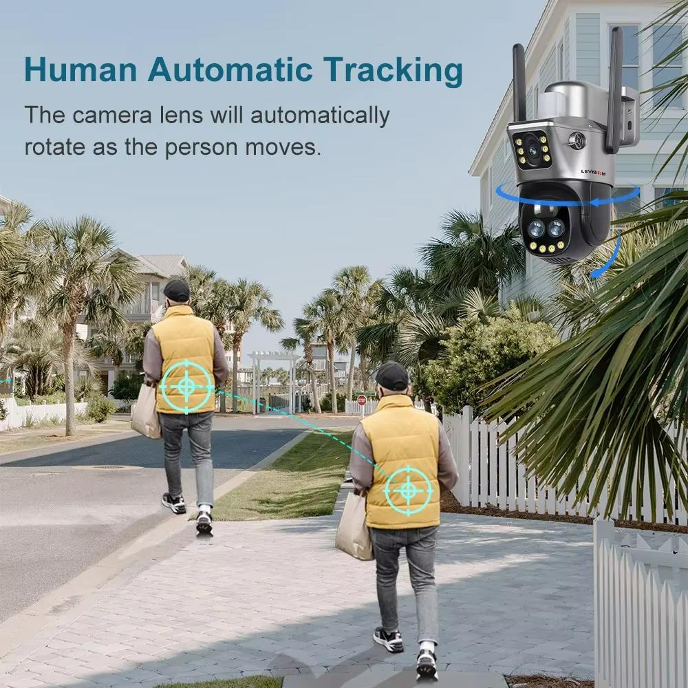 LS VISION Камера с двумя экранами, WIFI или 4G SIM, солнечная камера, 10-кратный зум, уличные камеры с подсветкой и сигнализацией, автоматическое слежение, PTZ CCTV камеры, IP66