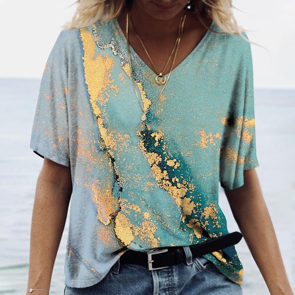 Женская футболка с 3D принтом и градиентом, одежда для девочек, блузка большого размера с v-образным вырезом, летний пуловер в стиле Харадзюку с короткими рукавами, женские повседневные топы
