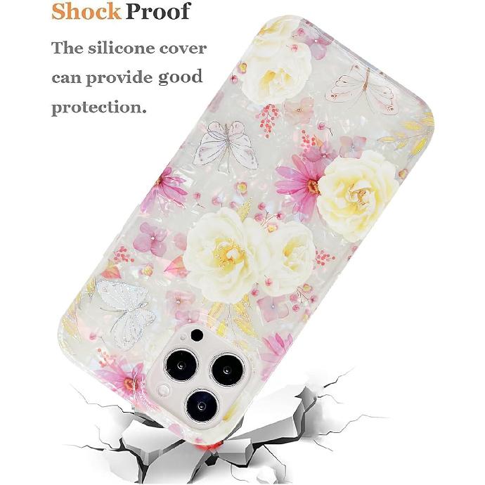 J.west Чехол для iPhone 14 Pro Max 6,7 дюйма, Роскошный блестящий мягкий прозрачный разноцветный опаловый перламутровый дизайн из тонкой фольги с цветочным принтом, силиконовая накладка для