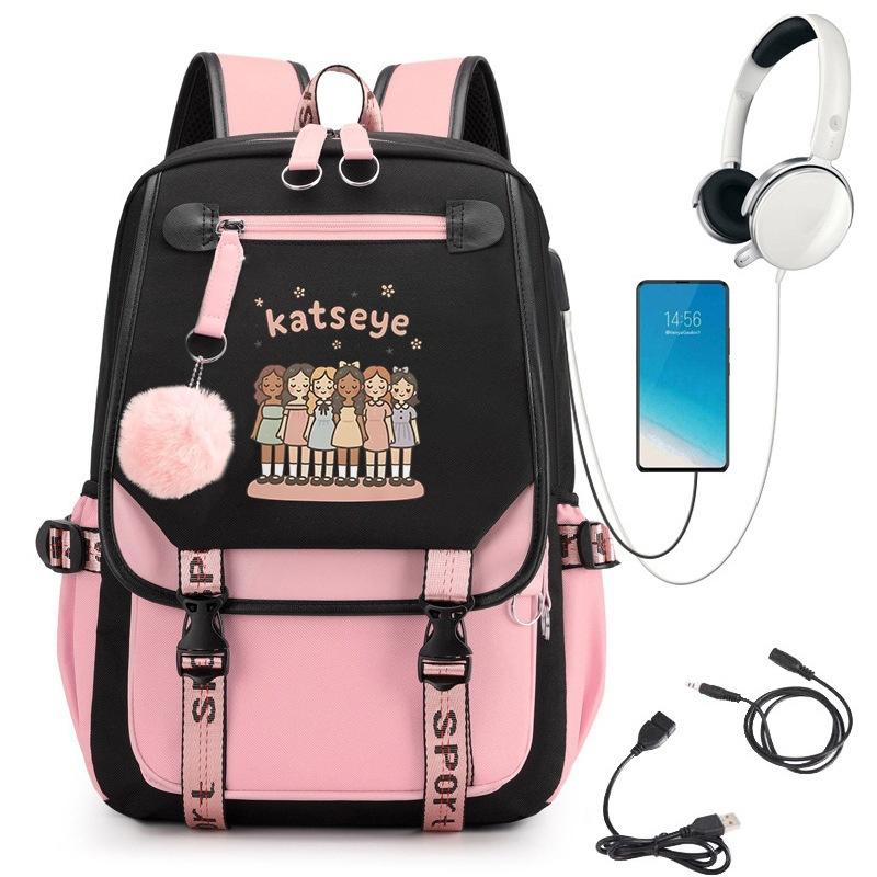 KATSEYE K-pop Cartoon USB Charging Backpack Student Bookbag Lightweight Water-Resistant Laptop Daypack