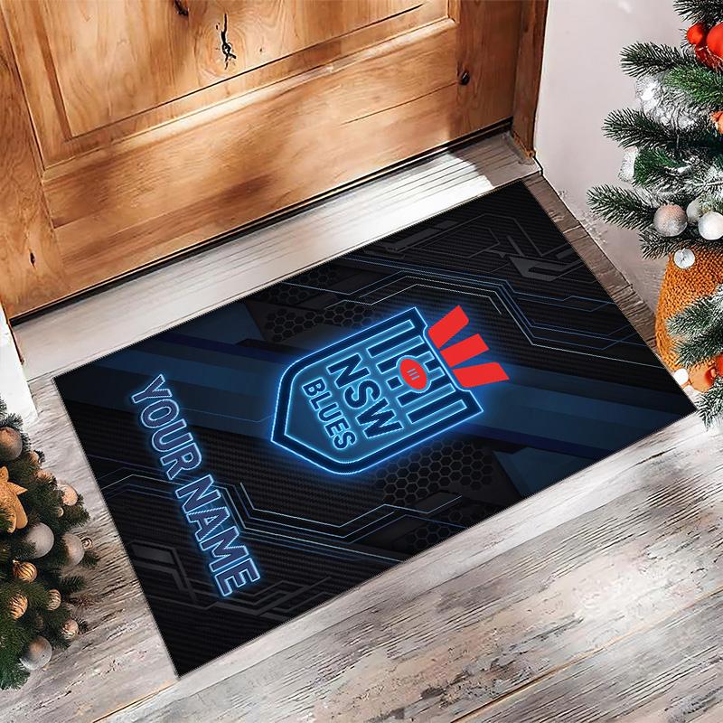 NSW Blues logo Crystal Velvet Rug, Custom Name Text Personalized Non‑Slip Floor Mat for Home Decor Gift