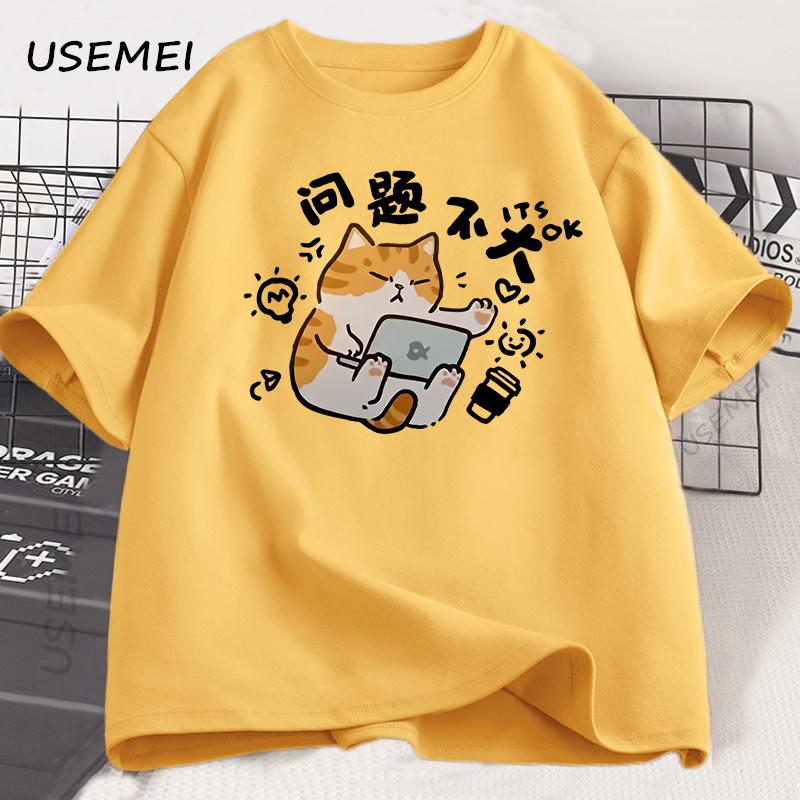 Хорошее Психическое Состояние Футболка с Котом Смешные Футболки с Котами Хлопковая Футболка с Коротким Рукавом для Мужчин Женщин Летняя Одежда Свободный Повседневный Мультяшный Топ