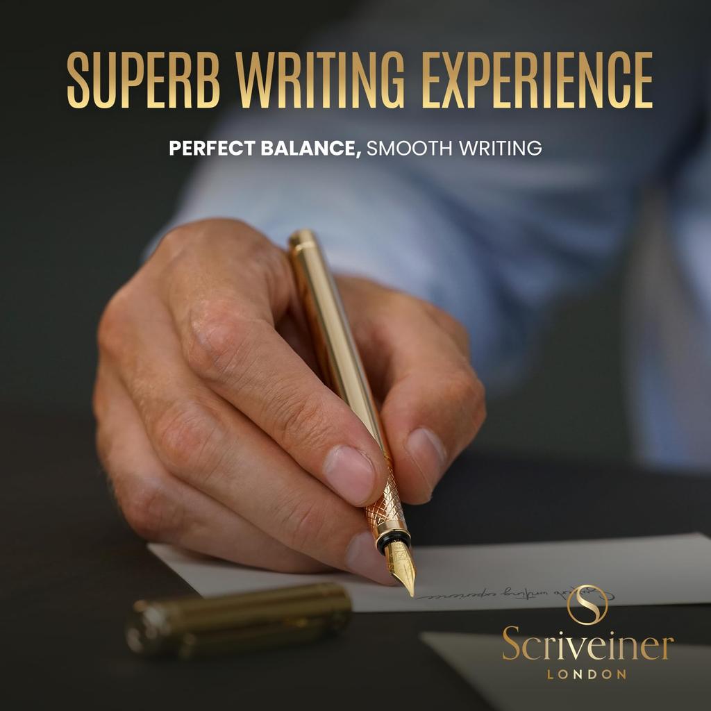 Scriveiner Finest Premium Fountain Pen Attractive Beauty 24K Gold Finish Schmidt 18K Gold Plated Nib Suitable for Men and Women Professional Executive