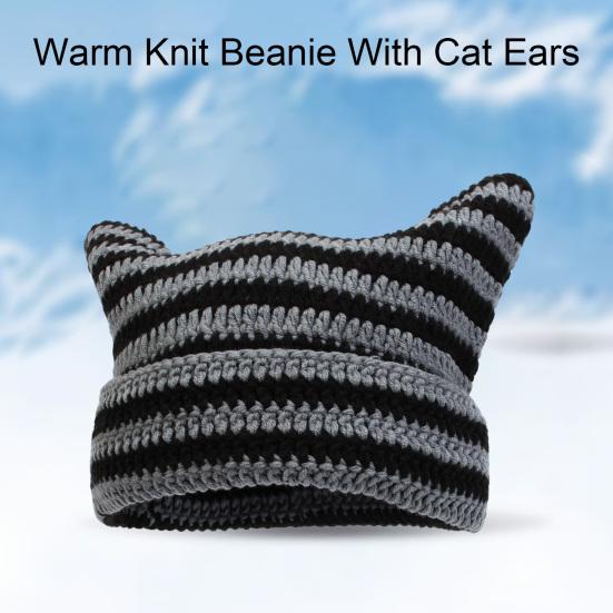 Autumn Winter Outdoor Warm Knitting Caps Cute Striped Cat Ear Hat No Brim Thickened Stretchy Yarn Knitted Beanie Hat