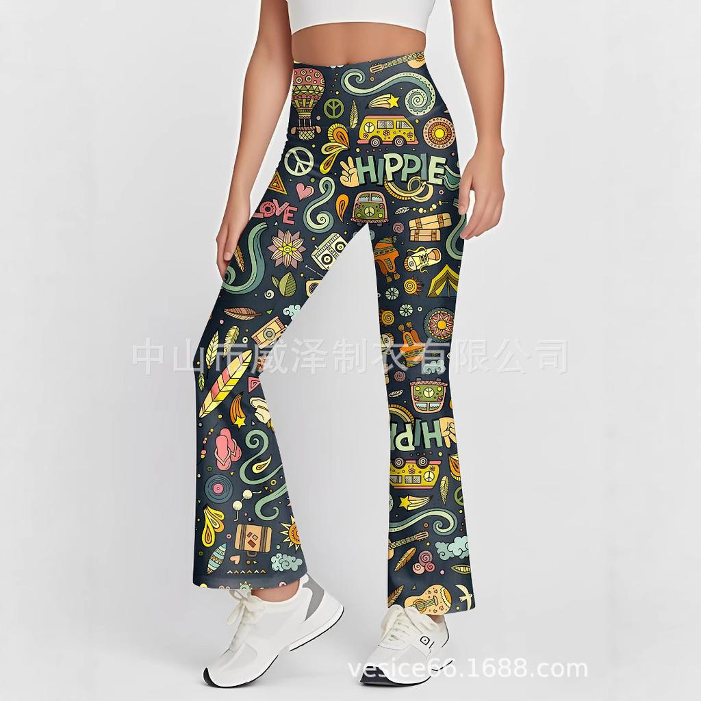 European and American women's floral sexy high-waisted slim-fitting sports flared pants women's slim-fitting trousers casual wholesale