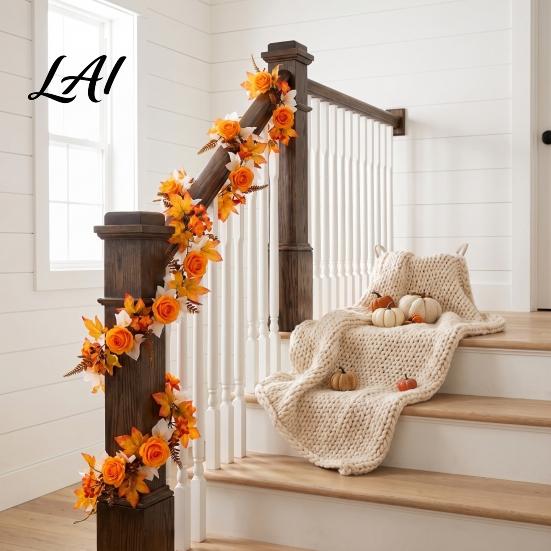 Fall Harvest Decorations 180cm Artificial Vine with Pumpkins Wreath Hanging Door Berries Maple Leaves Indoor