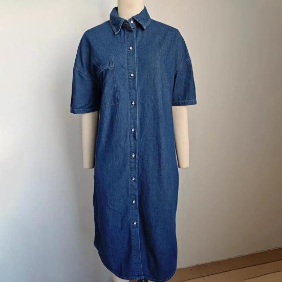 Джинсовое платье для женщин с коротким рукавом, джинсовое платье-рубашка на пуговицах с лацканами, летнее миди-платье-сдвиг с карманами