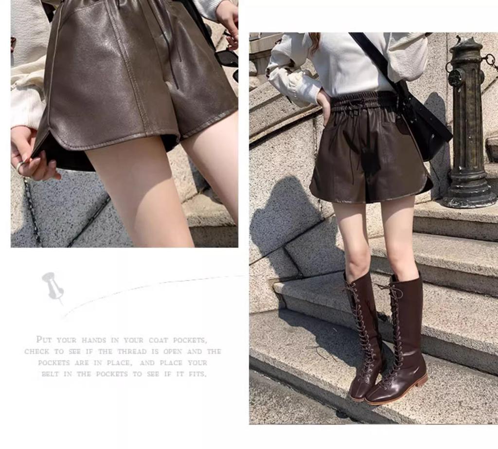 Autumn 2024 Women's High-Waist PU Leather Wide-Leg Shorts - Casual A-Line Style