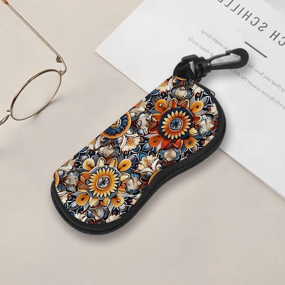 2D-Vintage Floral Mandala Pattern Sunglasses Case, Elegant Bohemian Print Eyewear Protective Holder, Durable Zipper Glasses Storage Box for Travel