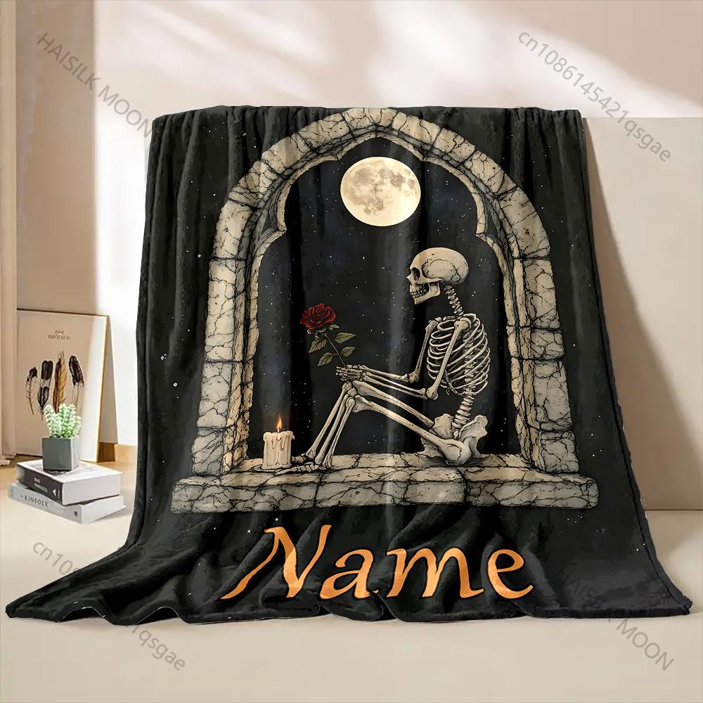 1PC Custom Name Blanket Skeleton Love Mushrooms Printed All-Season Soft Warm Blanket for Adults and Children Halloween Gift