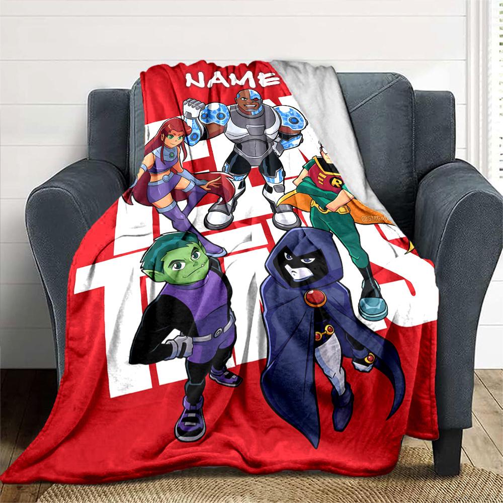 Teen Titans Team Pose Gift Personalized Blanket Customize Your Name Soft Cozy Throw For Sofa Couch Office Bed Picnics Allseason Use Playful Design
