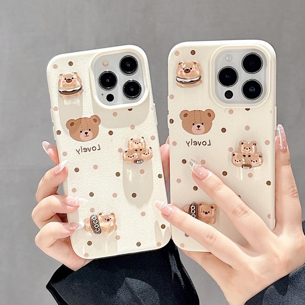 New Leather Pattern Three-dimensional Polka Dot Cartoon English Bear for Apple 16promax Mobile Phone Case for IPhone