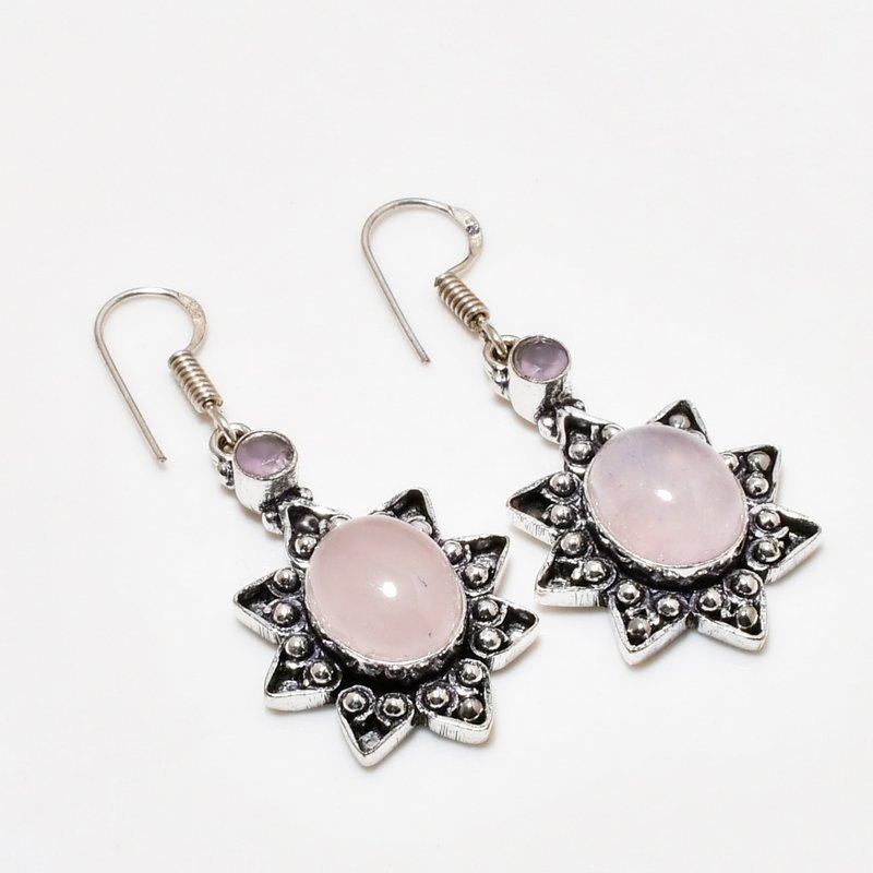 Rose Quartz, Pink Chalcedony Gemstone 925 Silver Plated Earring 1.89"