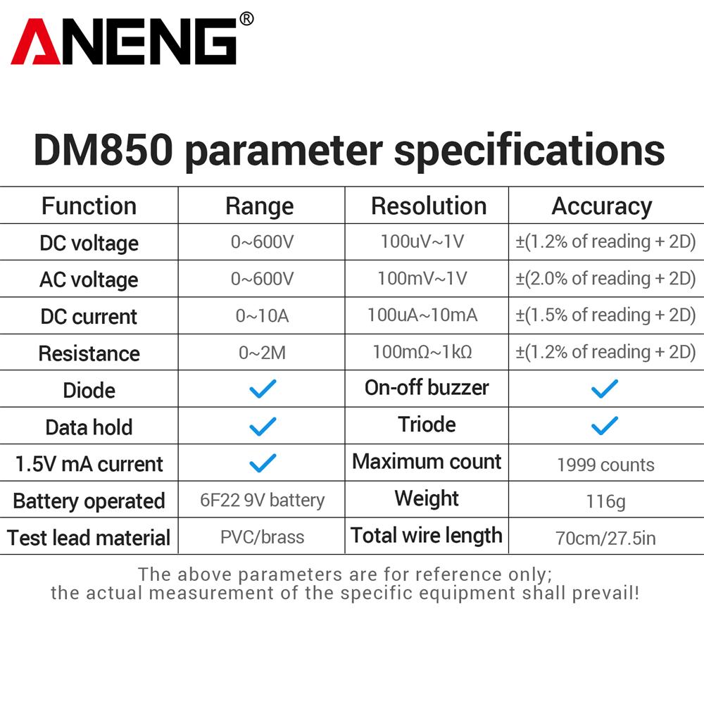 Портативный цифровой мультиметр ANENG DM850, 1999 отсчетов, AC/DC Напряжение, Ом, Ток, Детектор, Амперметр + B15 Тестер напряжения-ручка, Инструменты электрика, Цифровой дисплей