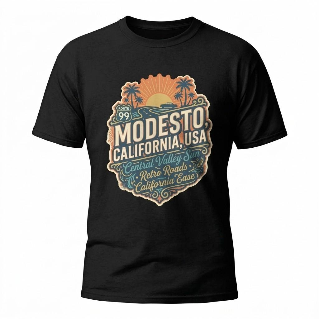 Modesto California Retro Road Graphic T-Shirt Unisex Travel Tee