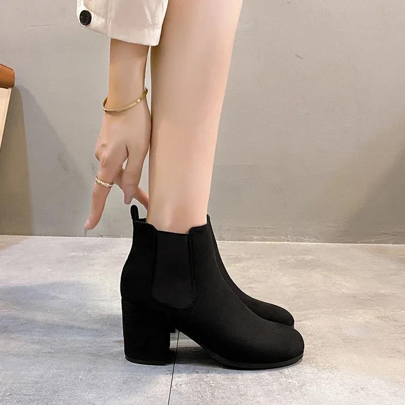 Round Toe Retro Short Boots for Women 2024 Versatile New Style Thick Heel Korean Style Spring and Autumn Single Boots Black