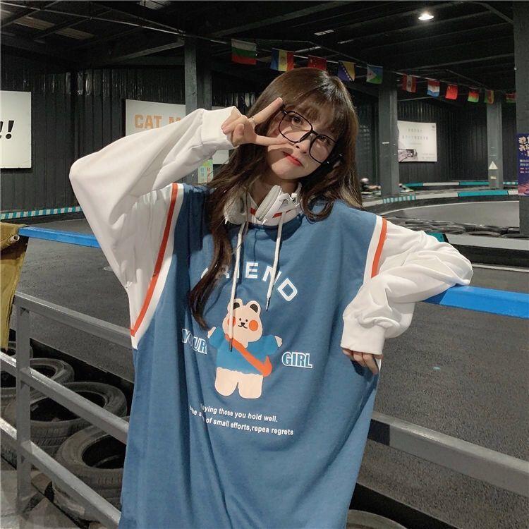 Весна-Осень, женский свитер из двух частей, толстовка с длинными рукавами, свободная ветровка для бойфренда, повседневная тонкая футболка