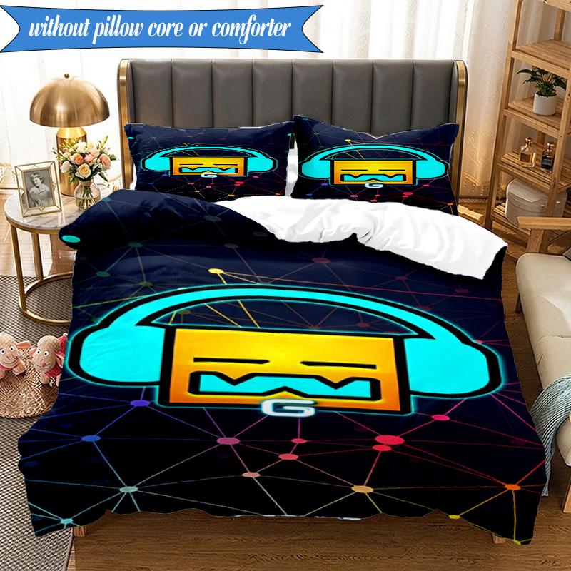 3PCS Colorful Geometry Dash Characters Bedding Set 2D Printing (Includes 1 Duvet Cover + 2 Pillowcases Coreless), Bedroom decor,Fan gift
