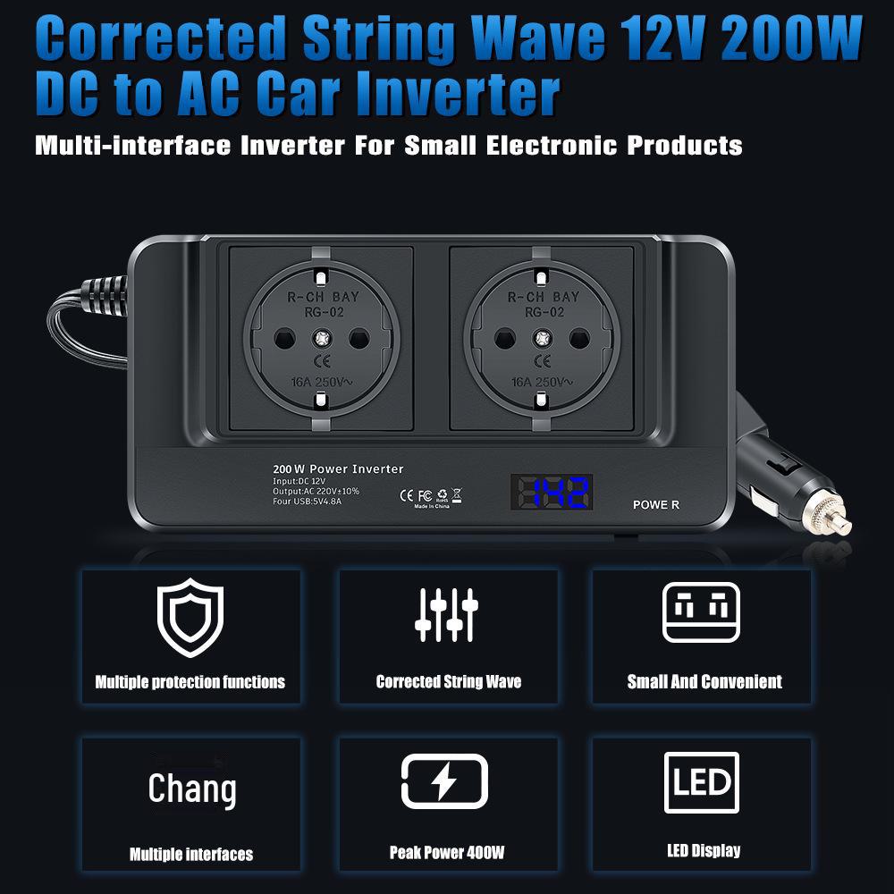 200W 12V Car Power Inverter with 2 Sockets & 4 USB Ports for Mobile Charging