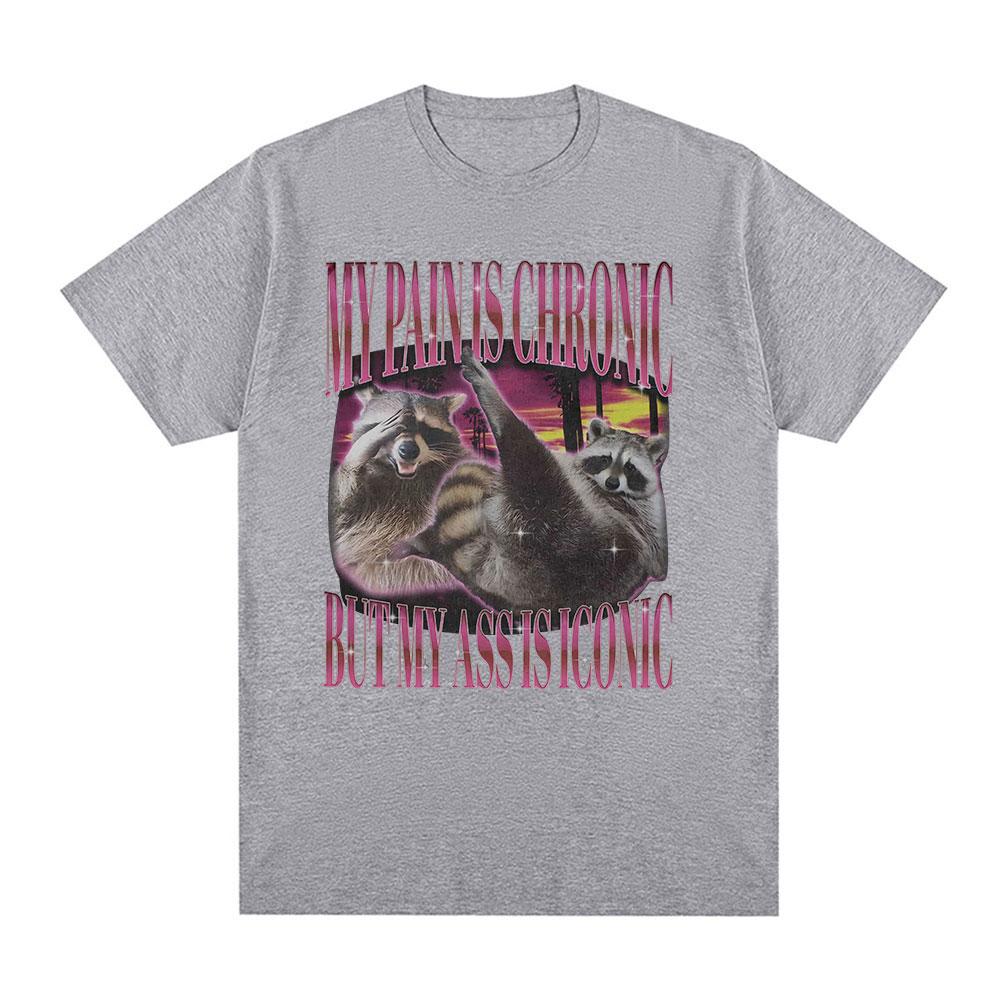 My Pain Is Chronic But This Ass Is Iconic Tshirts Funny Raccoon Meme T Shirts Unisex Vintage Harajuku Summer Cotton Tshirt