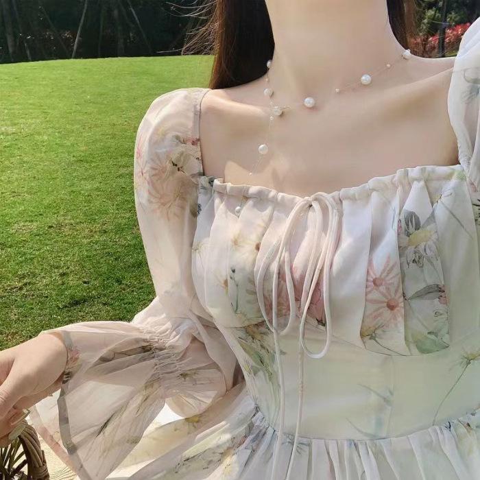 2024 French Tea Break Floral Chiffon Dress: Elegant Spring Style for Women