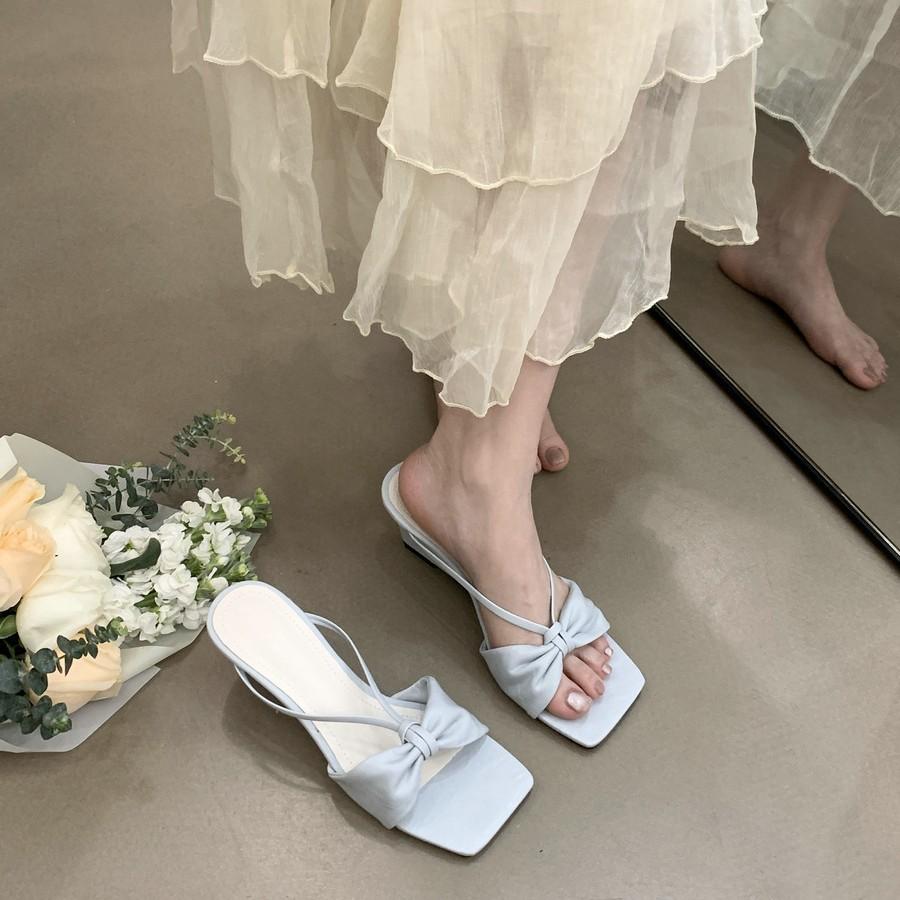 Slippers French Style Bow High HeelOne-StrapWomen'sSummer Outdoor Wear Square Toe Wedge HeelSandals