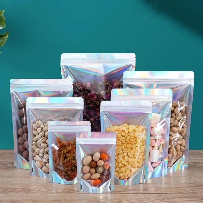 100pcs Laser Self Sealing Bag 0.14mm Aluminum Foil Self-supporting Sack with Window Nut Dry Flower Tea Sealed Packaging Pouch