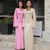 Scoop Neck Lace-Up Ribbed Maxi Dress Female Long Sleeve Fashion Slim Loose Bandage Dress Autumn 2023 Solid Women Dress New