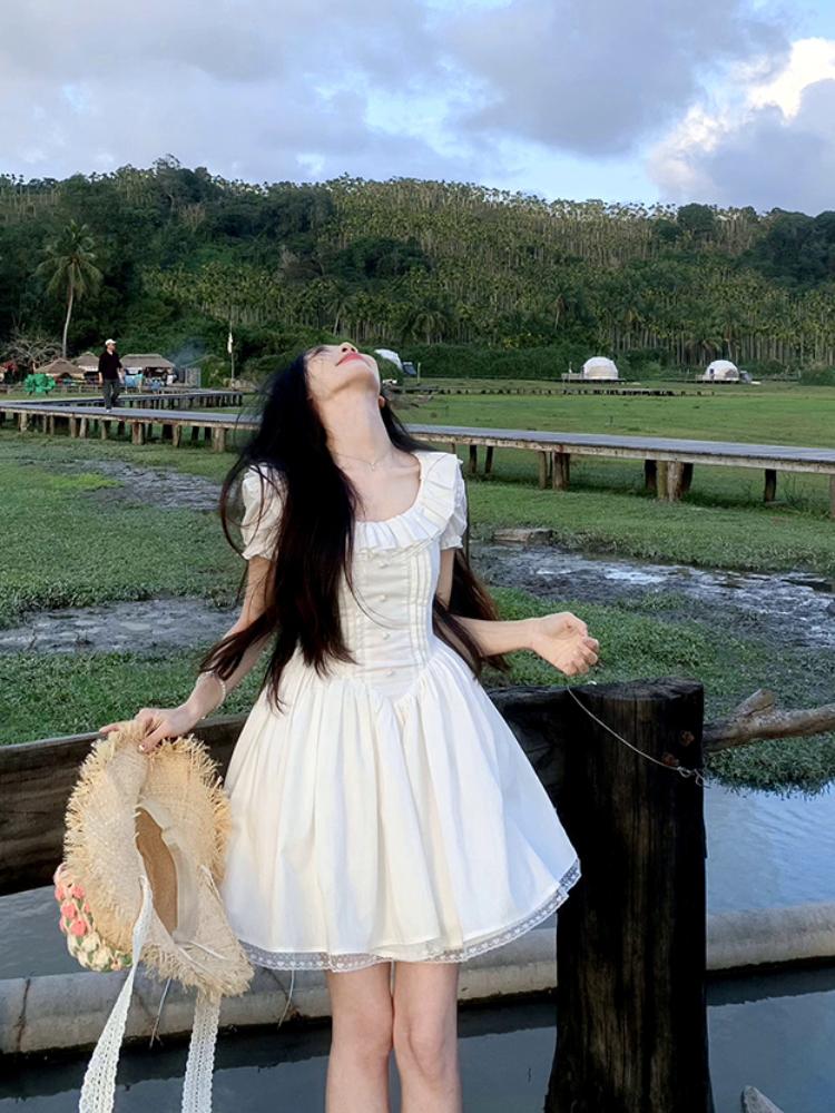 Белое милое элегантное короткое вечернее платье, женское повседневное корейское модное платье с коротким рукавом, кавайное кружевное платье, новинка лета 2024 года