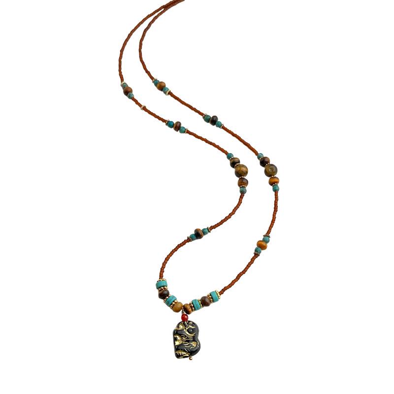 Ожерелье из бусин ручной работы из тигрового глаза и чешского стекла: Этнический стиль, Художественная цепочка для свитера для женщин