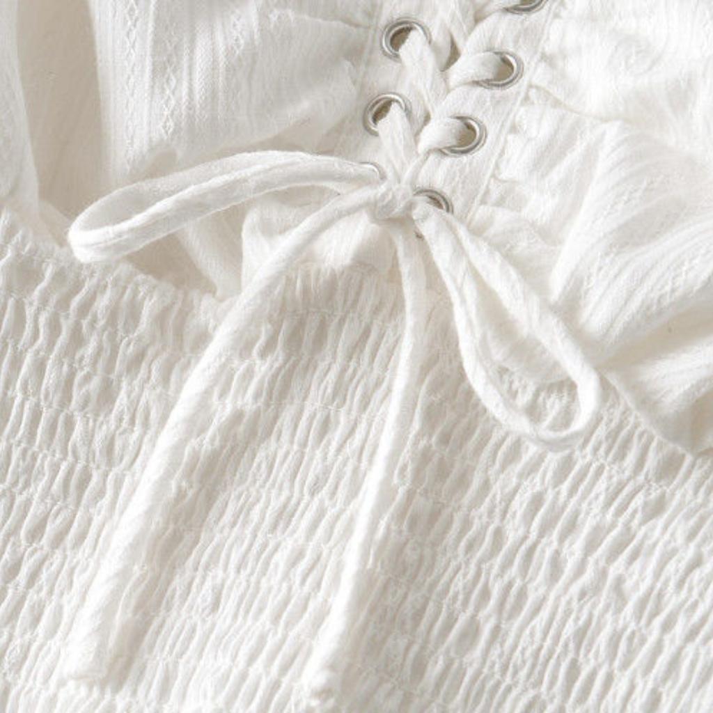 New Women Retro Square Collar Blouses Exposed Bone Short Top Straps Shirts Long Sleeve Palace Style Puff Sleeves Summer T-shirt