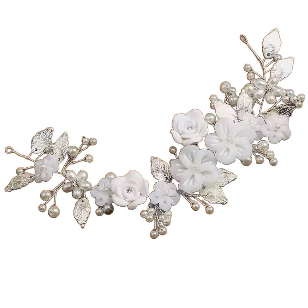 Fashion Crystal Pearl Hair Piece Ancient Style Leaf Flower Wedding Hair Vine Silver Polymer Clay Bridal Hair Accessory Party