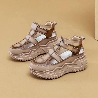 Сандалии из натуральной мягкой кожи для женщин на лето, толстая подошва, бисквитные, универсальные, увеличивающие рост, дышащие, полые, повседневные туфли для женщин, модные новинки