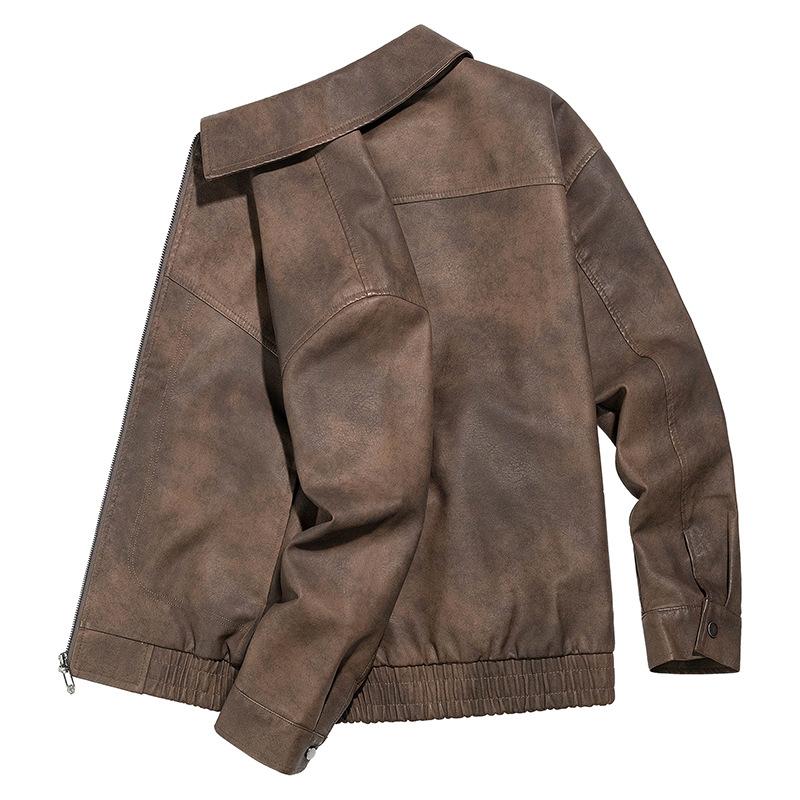 American retro men's leather jacket tooling tough and loose old money style street simple locomotive leather jacket men