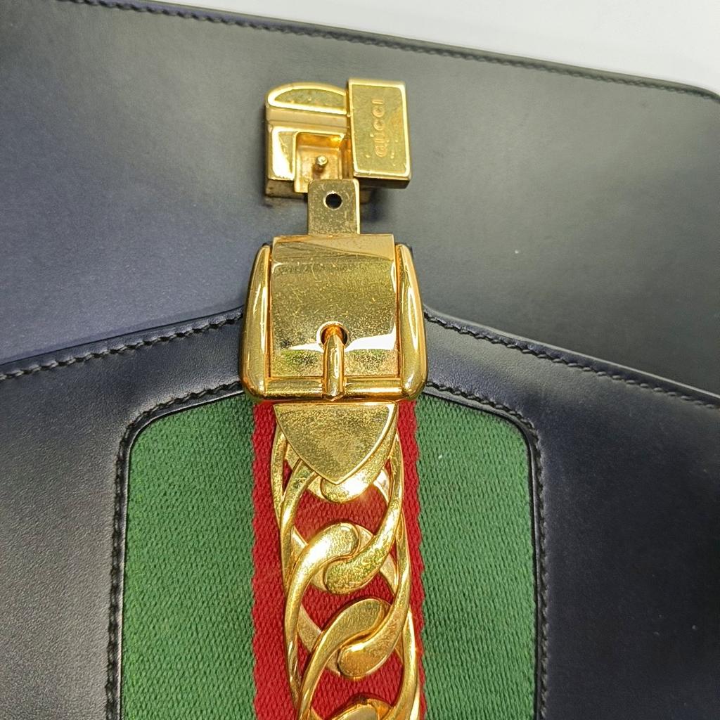[Pre-Owned] Sylvie Gold Buckle Striped Web Satin Bow Wide Shoulder Strap Leather Handbag Crossbody Bag Shoulder Bag Small - Good #13UCJHJ