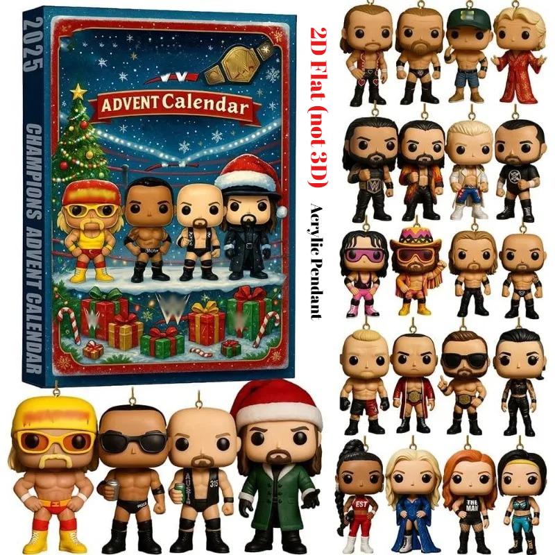 Wrold Wrestling Champion 2025 Advent Calendar, 24 Days Countdown Calendar with 2D Flat Acrylic Legends and Champions, Gifts for Wrestling Fans