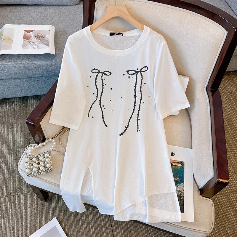 Длинная футболка с коротким рукавом, женская модная футболка больших размеров со свежим бантом и принтом