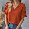 Women Shirt V-Neck Ruffled Splicing Petal Sleeve Solid Color Tops Loose Fit Tee Casual Office Travel Shirt