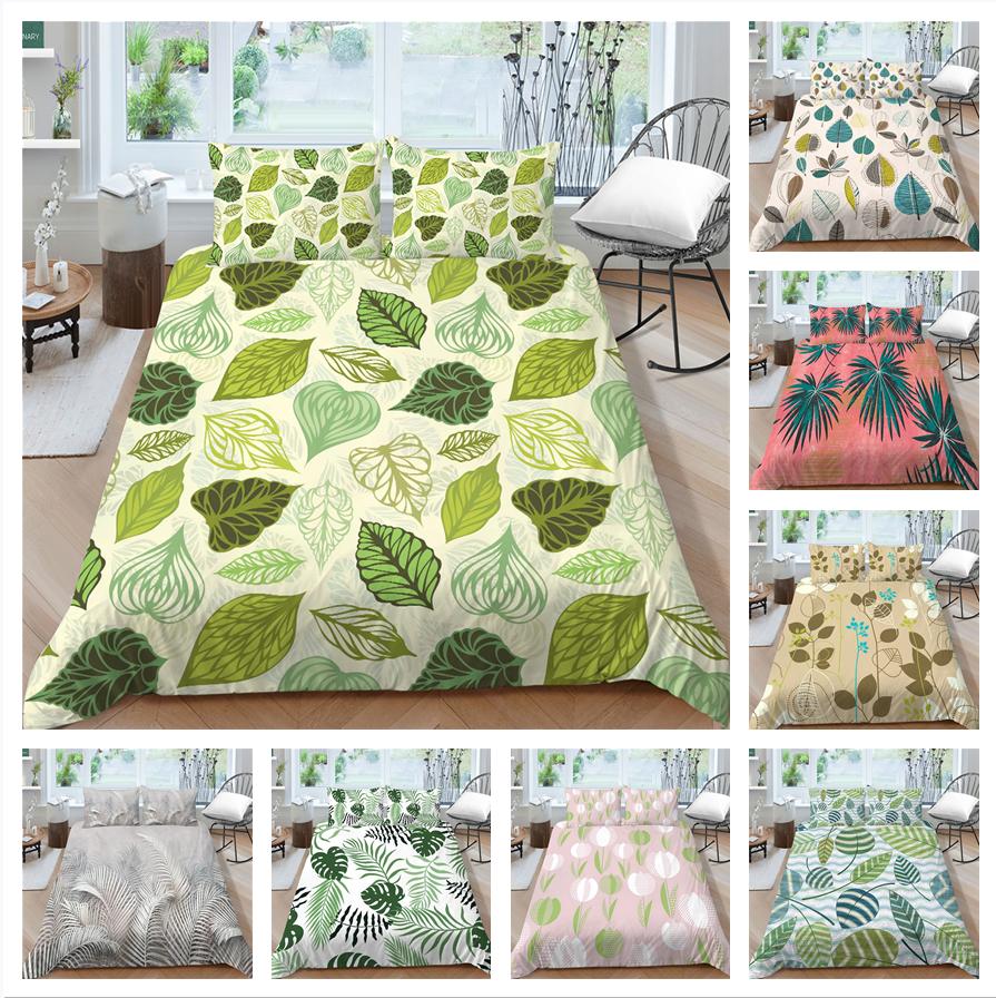 Family Bedding Single Double Bed Full Size Plant Printing Series Bedding Leaf Pattern Pillowcase and Quilt Cover Washable Home Decoration