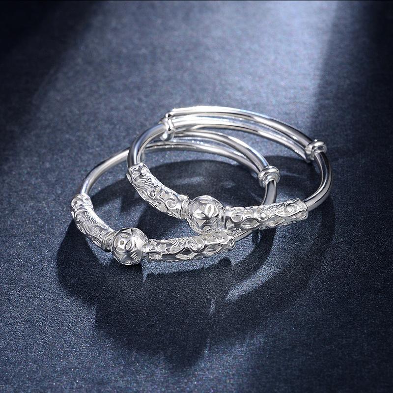 S990 Foot Silver Baby Bracelet with Ball Pattern, Male and Female Pair, Push-pull Style, First Birthday Gift for Infants and Children